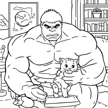 Hulk e Amizade com o Gato (Desenho para Colorir)