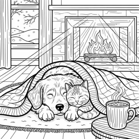 Inverno Caes e Gatos (Desenho para Colorir)