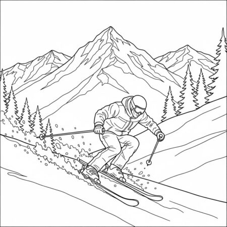 Inverno Esquiando na Neve (Desenho para Colorir)