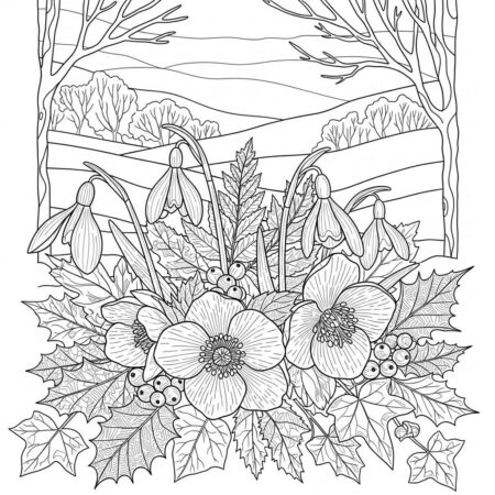 Inverno Flores e Folhas (Desenho para Colorir)