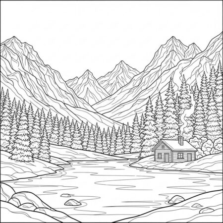 Inverno Paisagem de Lago Congelado (Desenho para Colorir)
