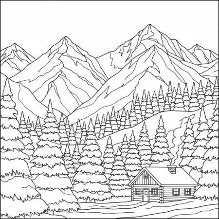 Inverno Paisagem de Montanha (Desenho para Colorir)