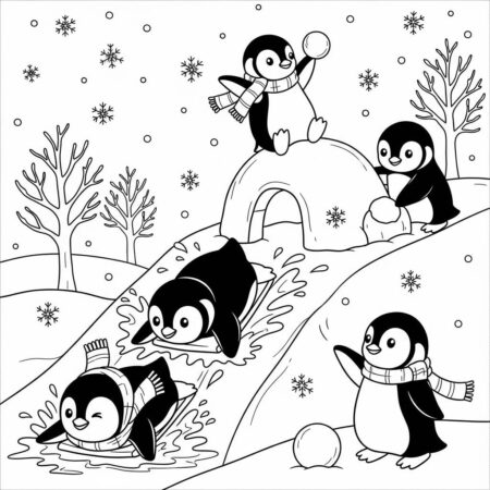 Inverno Pinguins e Neve (Desenho para Colorir)