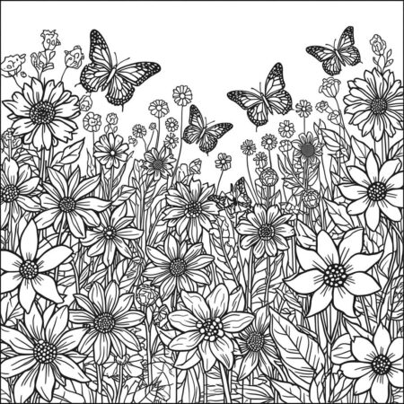 Jardim de Borboletas e Flores (Desenho para Colorir)