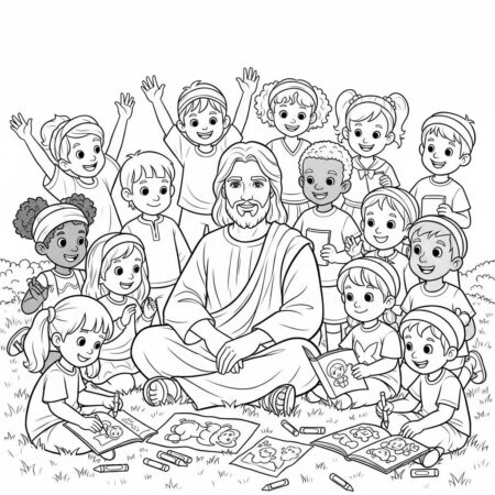 Jesus e Criancas (Desenho para Colorir)