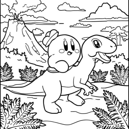 Kirby e os Dinossauros (Desenho para Colorir)