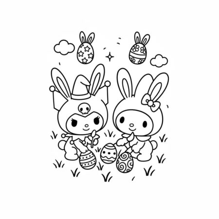 Kuromi e amigos fofos na Páscoa (Desenho para Colorir)