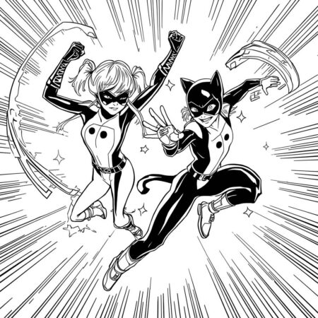 Ladybug e Cat Noir em Acao (Desenho para Colorir)
