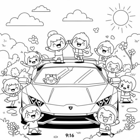 Lamborghini with Cartoon Characters (Desenho para Colorir)