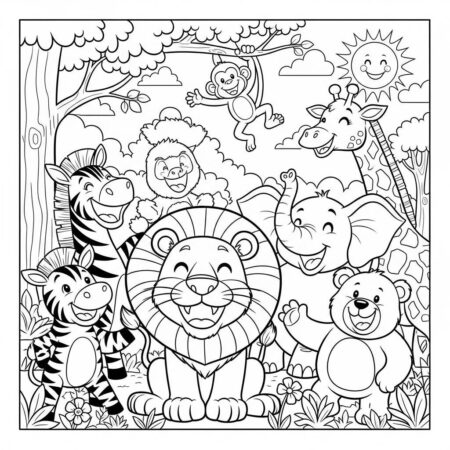 Leao Feliz com Amigos (Desenho para Colorir)