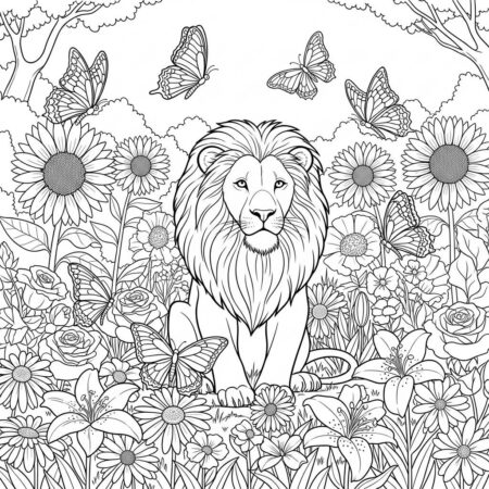 Leao com Flores (Desenho para Colorir)