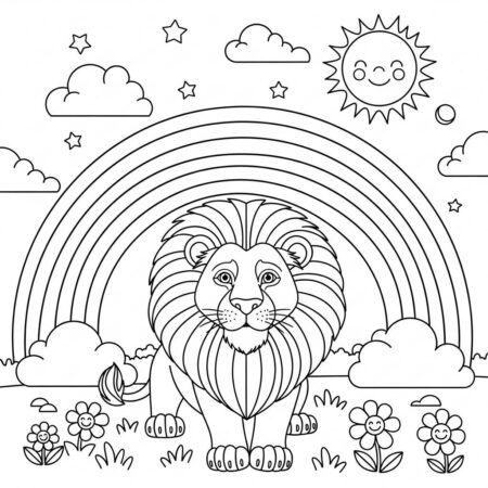 Leao e Arco Iris (Desenho para Colorir)