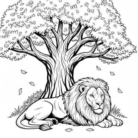 Leao e Arvores (Desenho para Colorir)