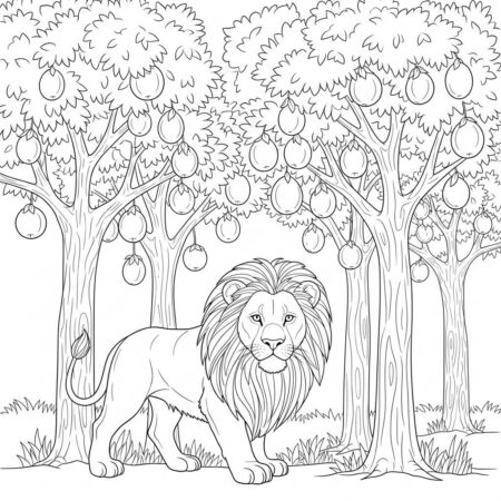 Leao e Arvores Frutiferas (Desenho para Colorir)