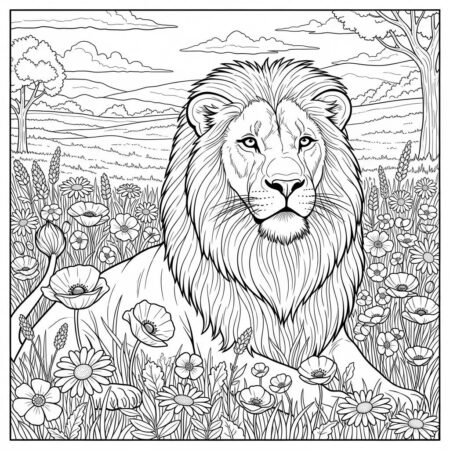 Leao e Flores do Campo (Desenho para Colorir)