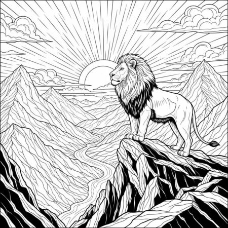 Leao e Montanhas (Desenho para Colorir)