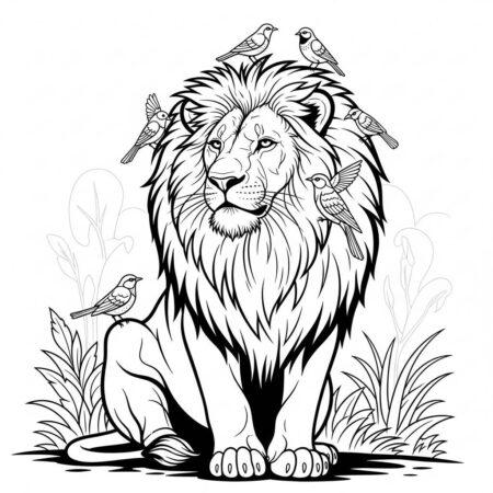 Leao e Passaros (Desenho para Colorir)