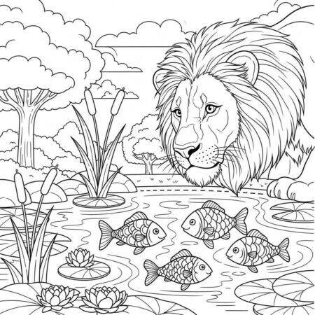 Leao e Peixes (Desenho para Colorir)