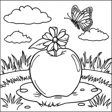 Maca com Flor e Borboleta (Desenho para Colorir)