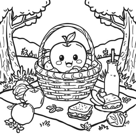 Maca e Cesta de Piquenique (Desenho para Colorir)