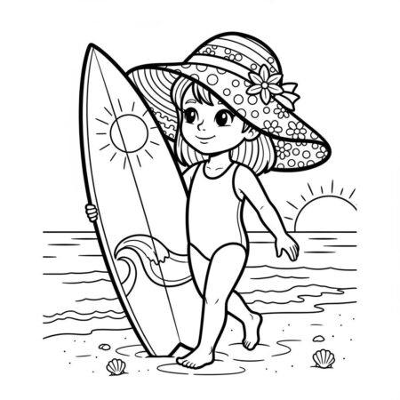 Menina com Chapeu de Praia (Desenho para Colorir)