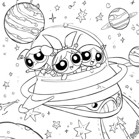Meninas Superpoderosas no Espaco (Desenho para Colorir)