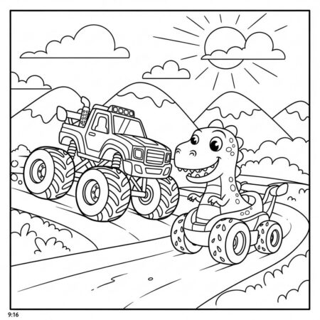 Monster Truck e Dinossauro (Desenho para Colorir)