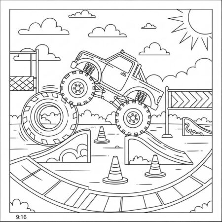 Monster Truck e Pista de Obstaculos (Desenho para Colorir)
