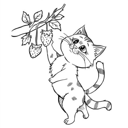 Morango e Gato (Desenho para Colorir)
