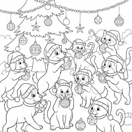 Natal Caes e Gatos Festivos (Desenho para Colorir)