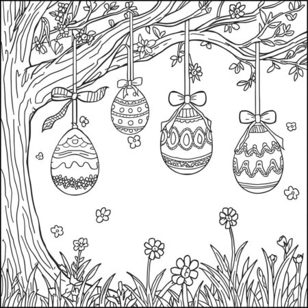 Ovos de Pascoa e Arvores (Desenho para Colorir)