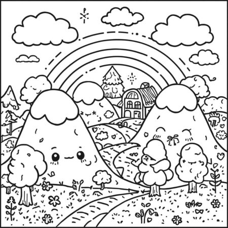 Paisagem Kawaii Aconchegante (Desenho para Colorir)