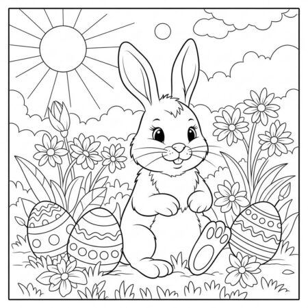 Pascoa Coelho e Flores (Desenho para Colorir)