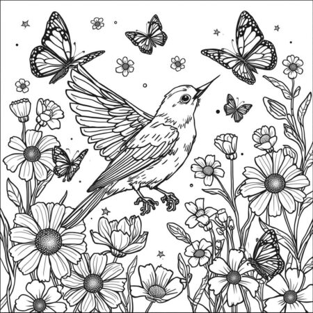 Passaro e Borboletas (Desenho para Colorir)