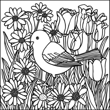 Passaro e Flores (Desenho para Colorir)