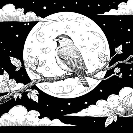 Passaro e Lua Cheia (Desenho para Colorir)