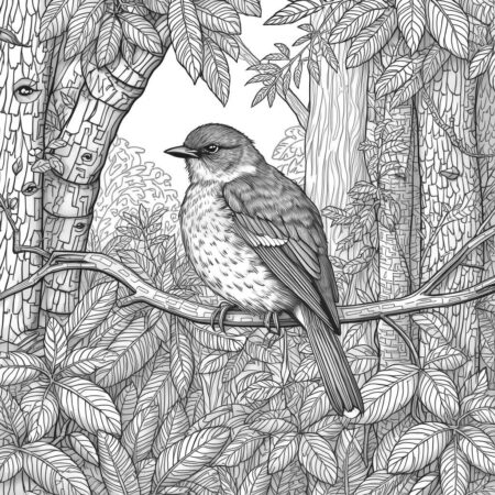 Passaro na Floresta (Desenho para Colorir)