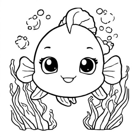 Peixe Kawaii Feliz (Desenho para Colorir)
