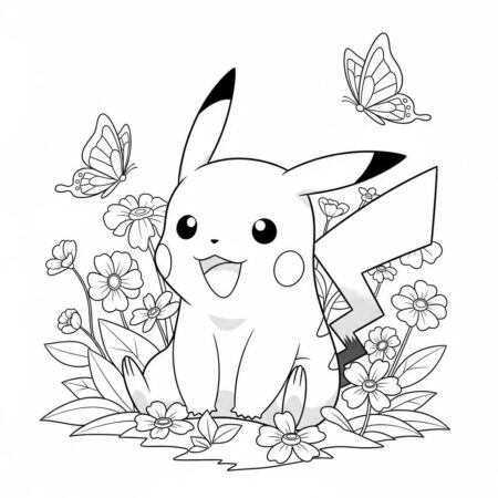 Pikachu e Flores (Desenho para Colorir)