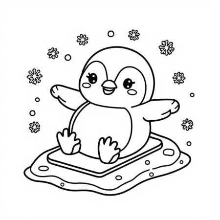 Pinguim Kawaii no Gelo (Desenho para Colorir)