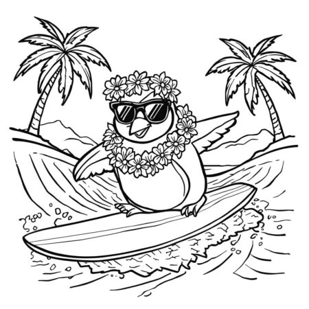 Pinguim Surfista (Desenho para Colorir)