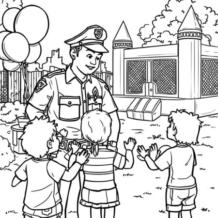 Policial e Criancas (Desenho para Colorir)