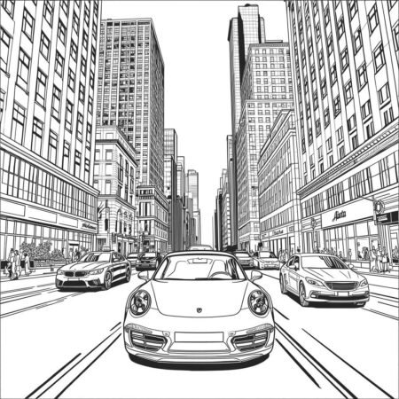 Porshe e Cidade (Desenho para Colorir)
