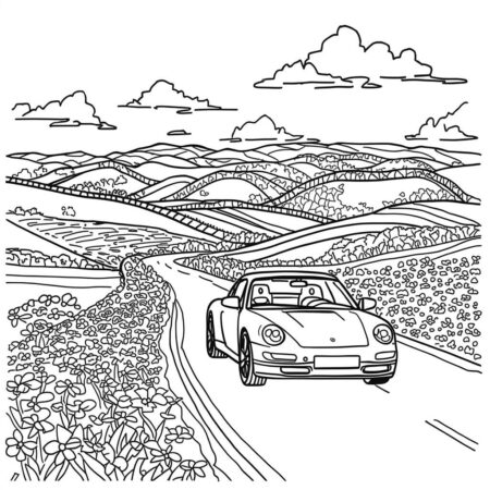 Porshe e Paisagem Natural (Desenho para Colorir)