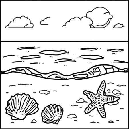 Praia com Conchas e Estrelas (Desenho para Colorir)
