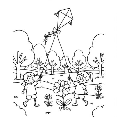 Primavera Criancas Brincando (Desenho para Colorir)