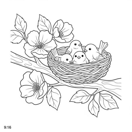 Primavera Passarinhos no Ninho (Desenho para Colorir)