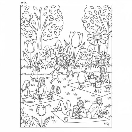 Primavera Relaxamento no Parque (Desenho para Colorir)