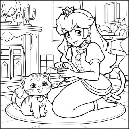 Princesa Peach e o Gato (Desenho para Colorir)
