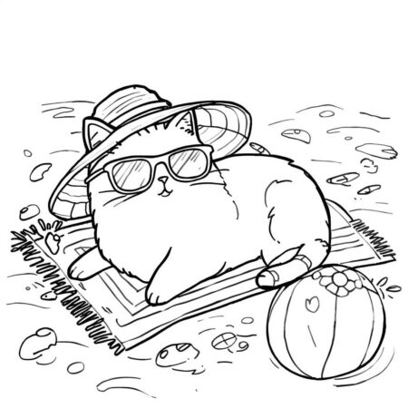 Pusheen na Praia (Desenho para Colorir)